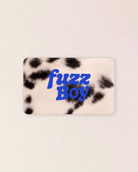 Animation of a digital gift card with 'Fuzzyboy' text written in different colours, overlaid on different dog fur textures.