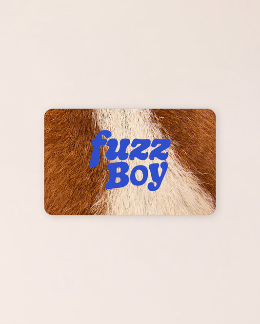 Card with brown and white fur texture and 'Fuzzboy' text written in blue.