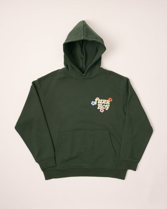 Forest green hoodie with 'Fuzzboy' logo and 3 multi-coloured flowers, on the right side of the chest.