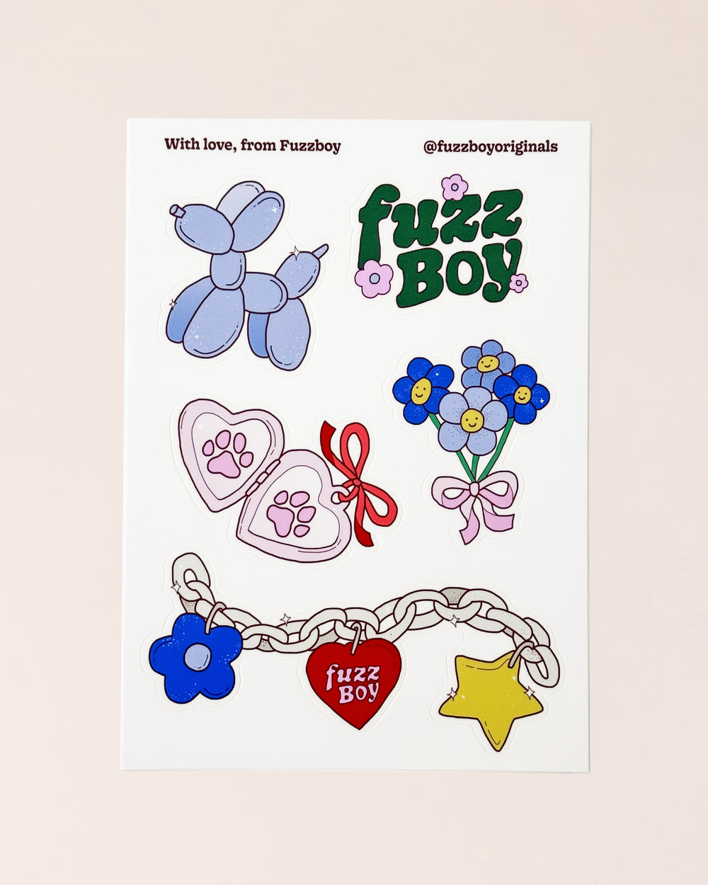 Sticker sheet with various designs including a blue balloon dog, Fuzzboy logo, bouquet of flowers, heart-shaped locket with pawprints, and a chain with charms.